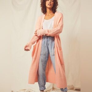 Free‎ People Peach Long Ribbed Open Front Cardigan Sweater Sz. XS(Fits up to L)